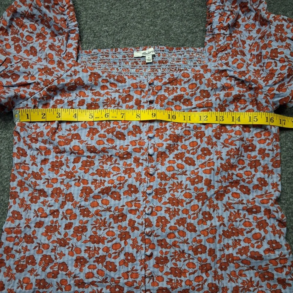 Madewell Floral Feminine Dainty Button-Front Puff Sleeve Top Blue Red Size 0